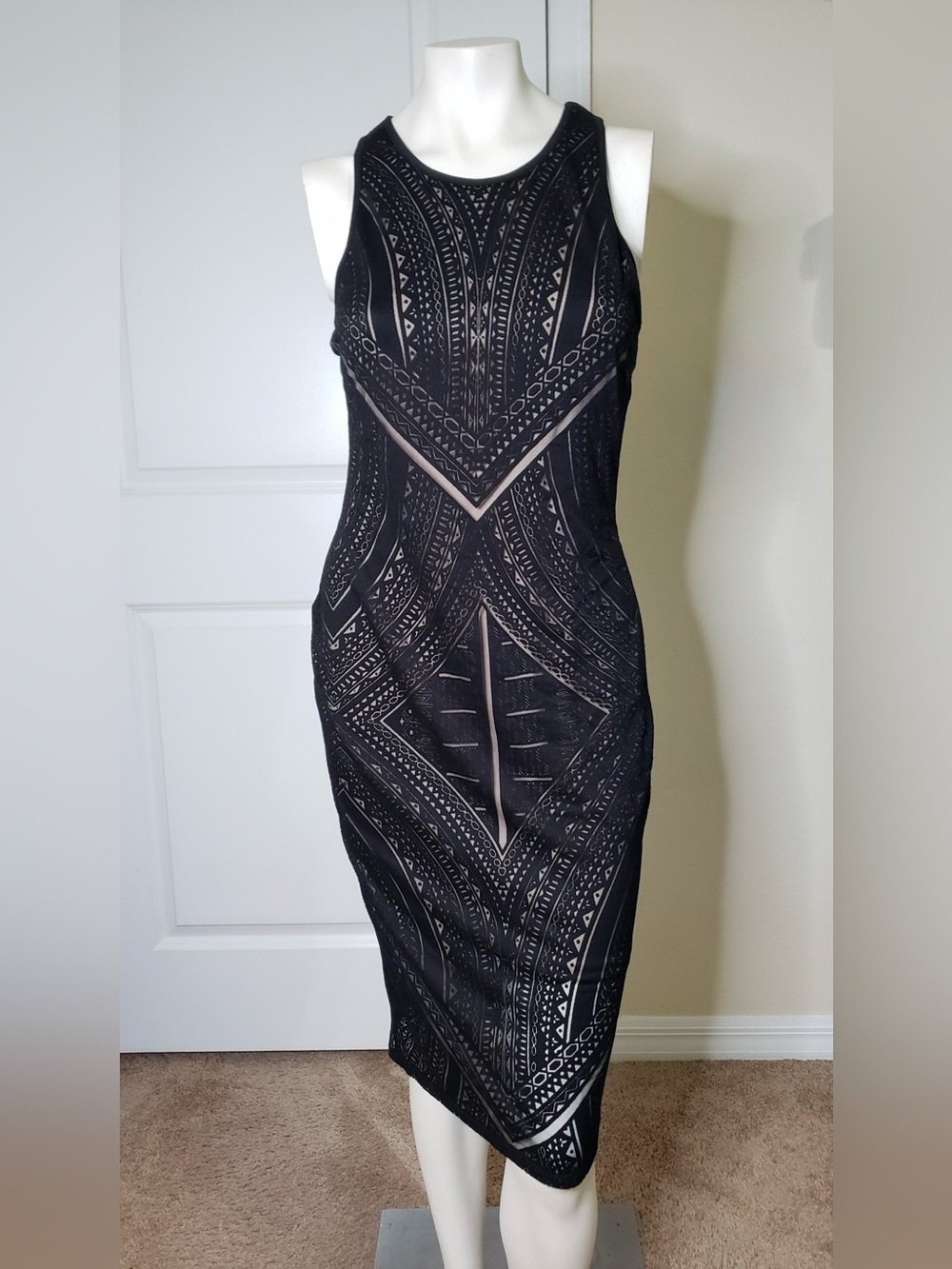 Massimo Black Sheer-Panel Midi Bodycon Dress Size Medium